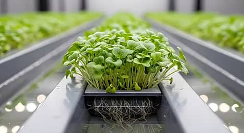 Microgreens growing indoors under efficient LED strips