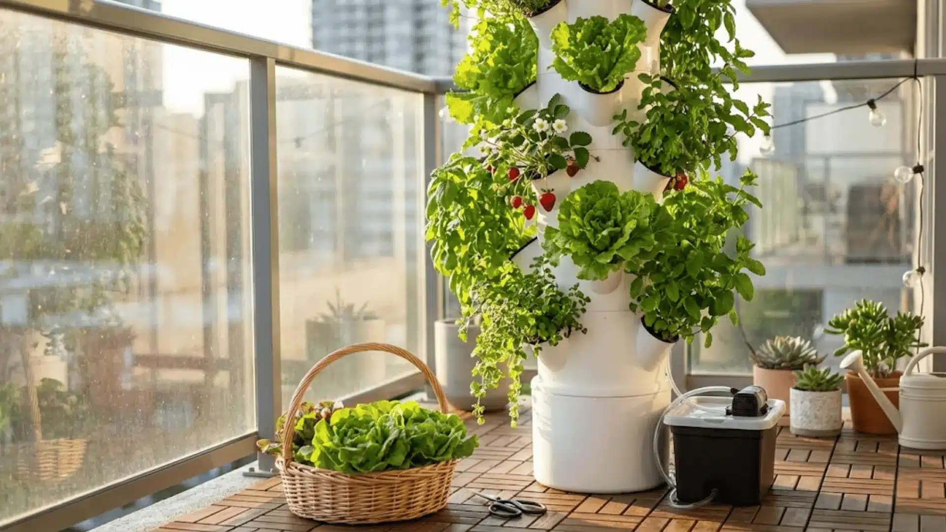 Hydroponic tower garden on balcony